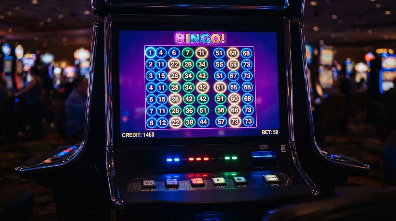 Ekran automatu do gry z kolorową planszą w stylu bingo i podświetlonymi liczbami