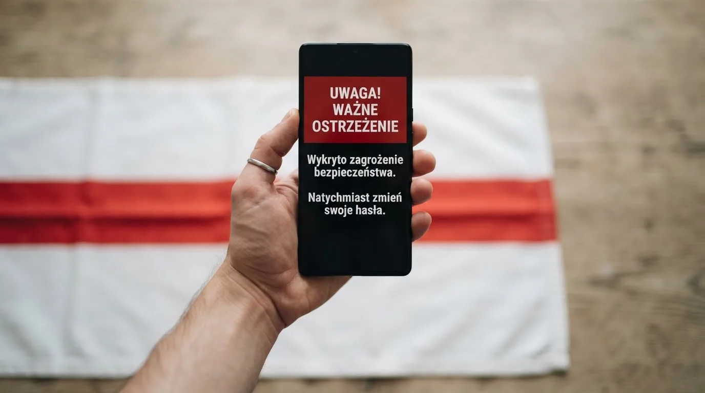 Dłoń trzymająca telefon z widocznym komunikatem ostrzegawczym o legalności hazardu online na tle biało-czerwonej flagi Polski.