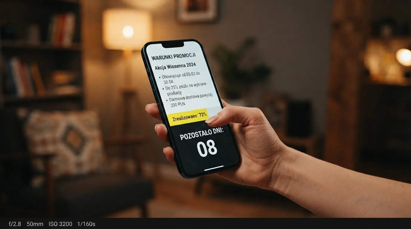 Zbliżenie na telefon z listą warunków promocji i licznikiem odliczającym dni do końca oferty