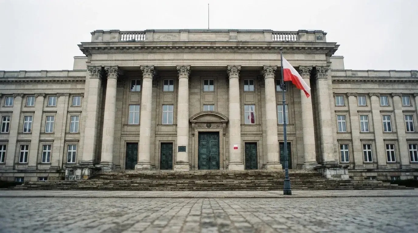 Fasada budynku instytucji państwowej z flagą Polski, symbol nadzoru regulatora nad rynkiem gier hazardowych