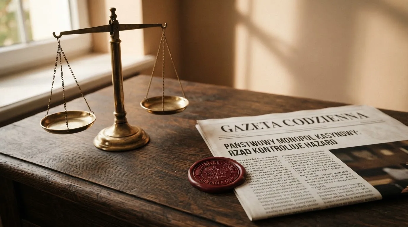 Waga i pieczęć obok napisu o państwowym monopolu na kasyno online