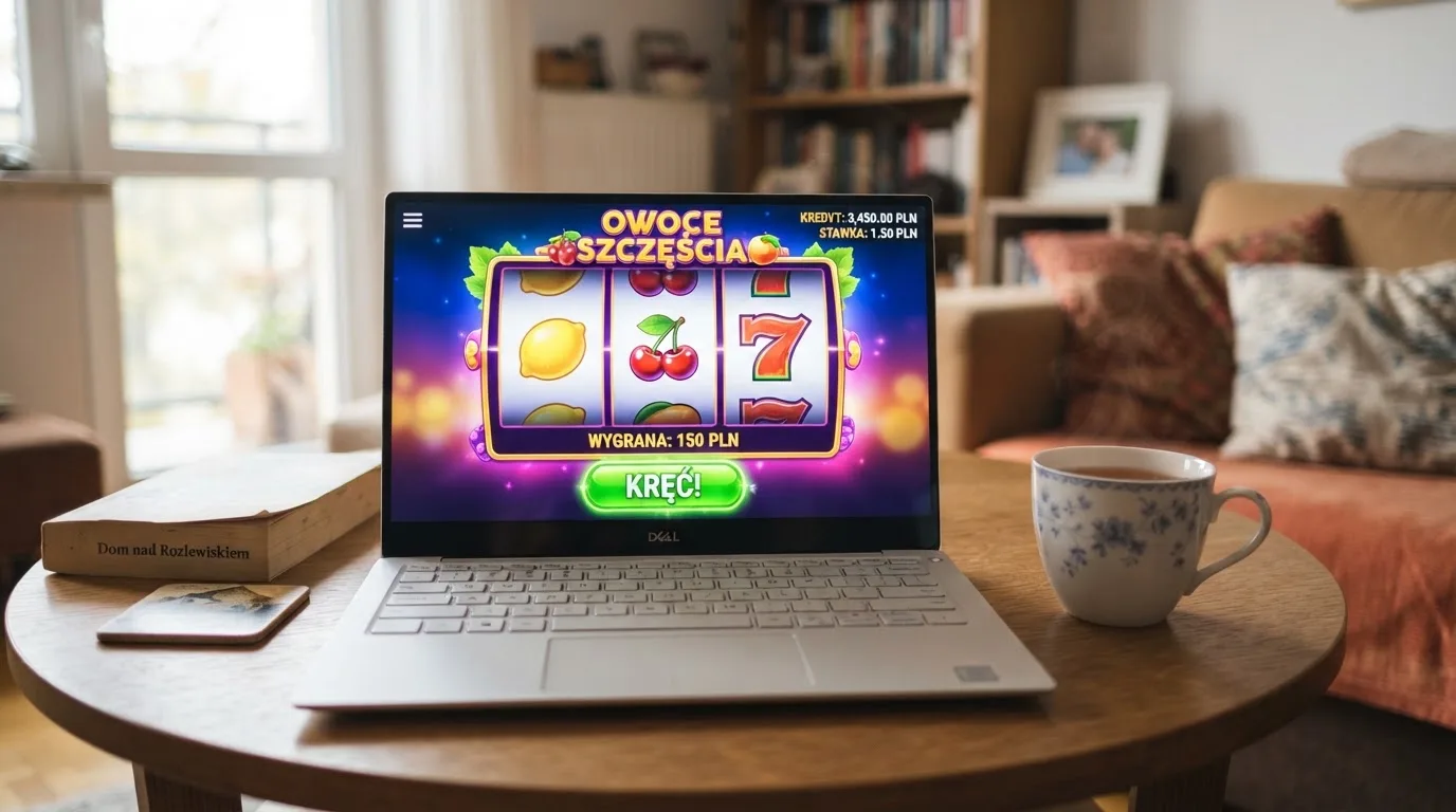 Ekran laptopa z automatem w trybie demo i saldem wirtualnych kredytów, obok kubek herbaty na stole w salonie