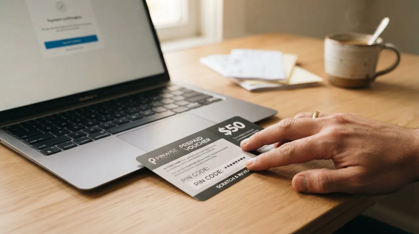 Karta przedpłacona Paysafecard z zasłoniętym polem kodu PIN obok klawiatury laptopa