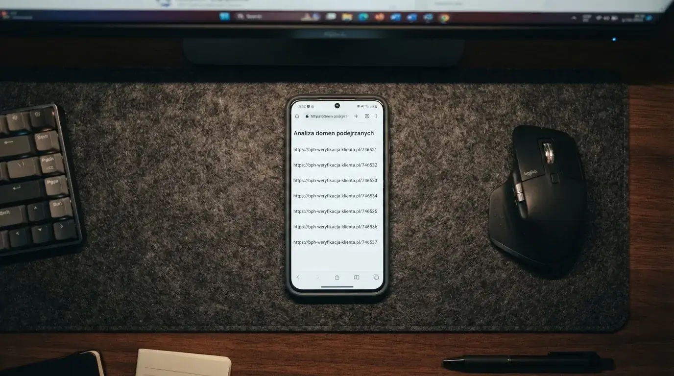 Dłoń trzyma smartfon z przeglądarką pokazującą listę kilku podobnych adresów internetowych różniących się ciągiem cyfr, telefon leży na biurku obok myszki komputerowej.