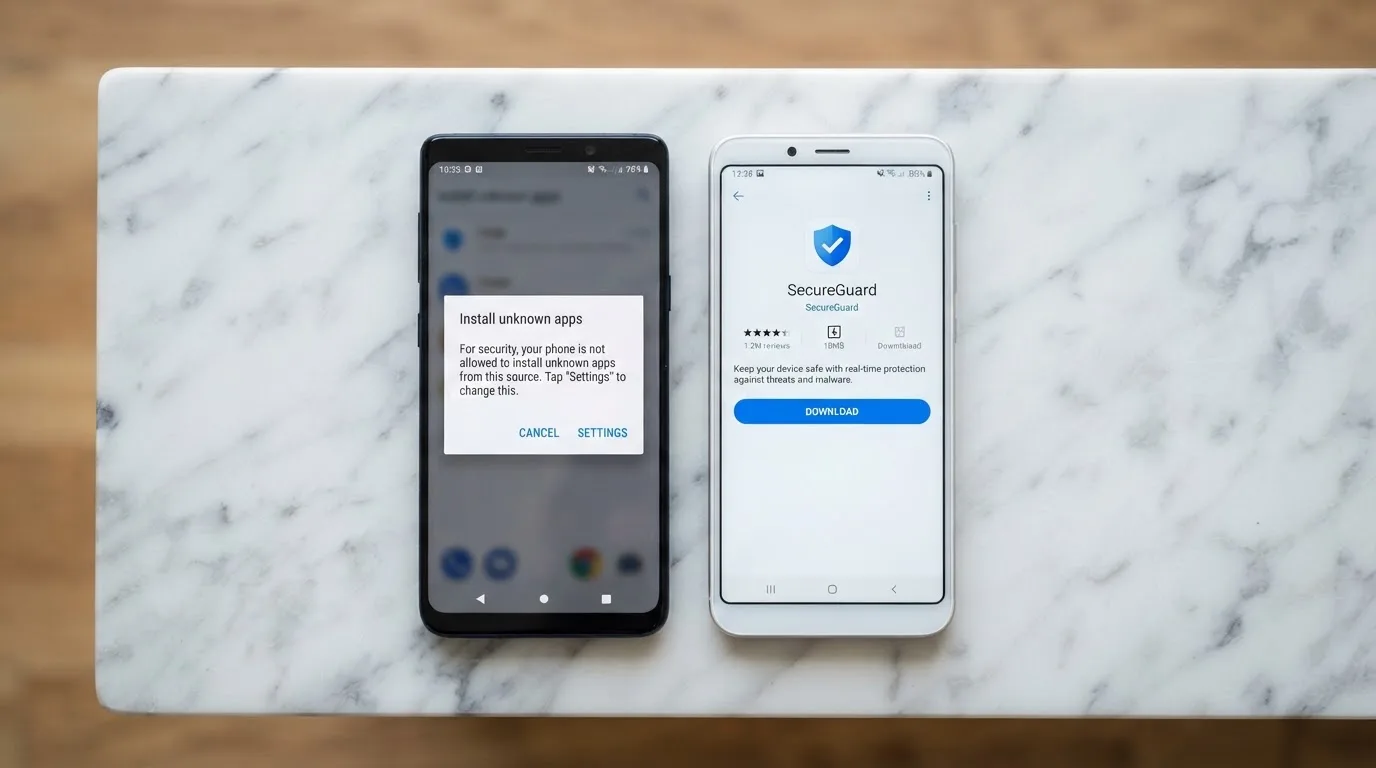 Dwa telefony obok siebie: na jednym komunikat zgody na instalację pliku APK z nieznanego źródła, na drugim strona aplikacji w sklepie z przyciskiem pobierania