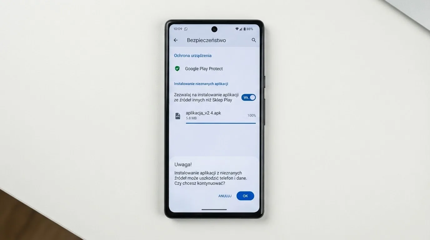 Ekran ustawień Androida z przełącznikiem zgody na instalację aplikacji z nieznanego źródła i pobranym plikiem instalacyjnym na liście