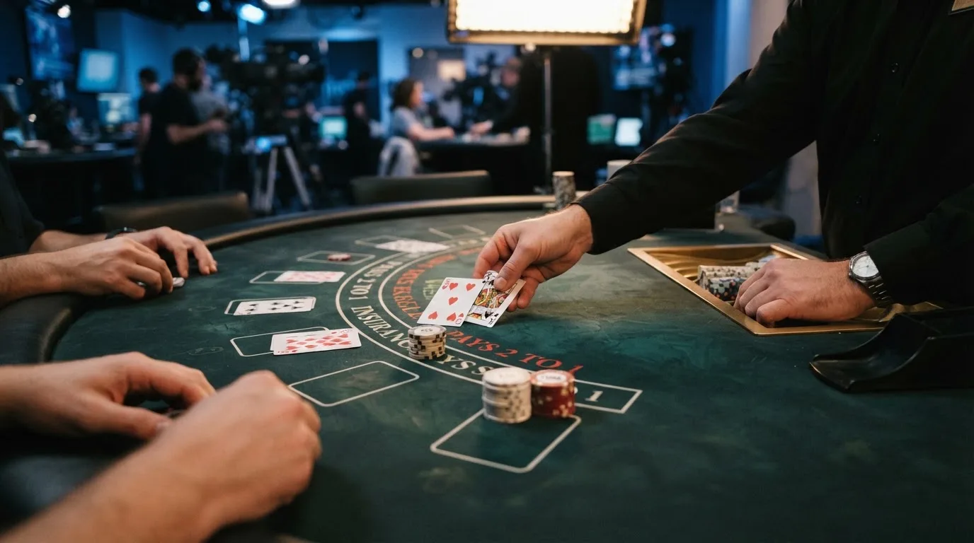 Krupier rozdający karty przy stole blackjacka podczas transmisji na żywo