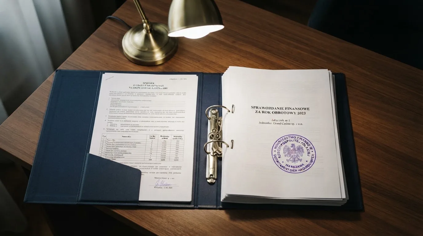 Segregator z wnioskiem o koncesję na kasyno gry, wydrukiem sprawozdania finansowego i urzędową pieczątką leżący na biurku