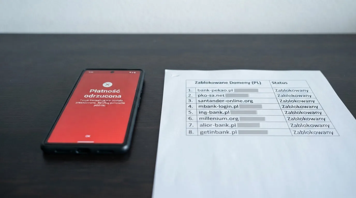 Telefon z komunikatem o odrzuconej płatności na ekranie, obok wydruk tabeli z listą zablokowanych adresów stron