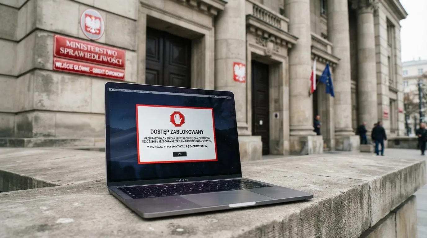 Budynek urzędu z tablicą ministerstwa, na pierwszym planie laptop z komunikatem o zablokowanej stronie kasyna