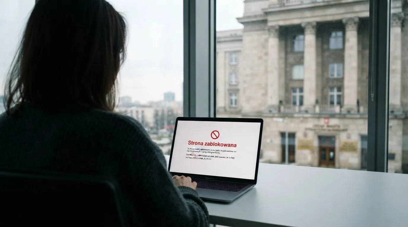 Laptop z komunikatem o zablokowanej stronie hazardowej, w tle budynek urzędu z tablicą ministerstwa
