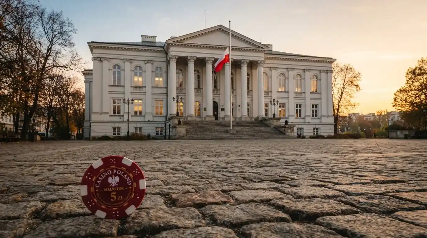 Budynek urzędu administracji państwowej z flagą Polski na maszcie w tle