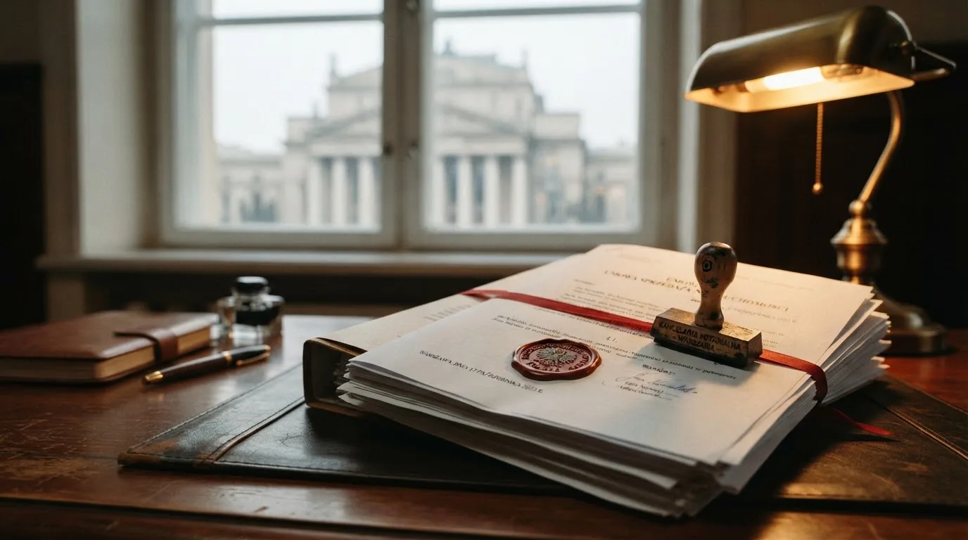 Stos dokumentów urzędowych i pieczęć na biurku, w tle sylwetka budynku administracji publicznej