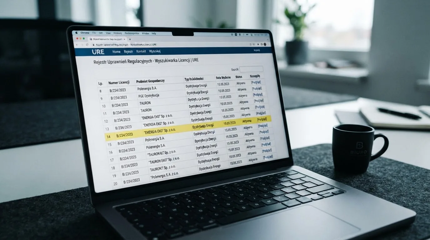 Ekran laptopa z otwartym rejestrem licencji regulatora z Curaçao, w którym jeden wiersz zaznaczono żółtym podświetleniem