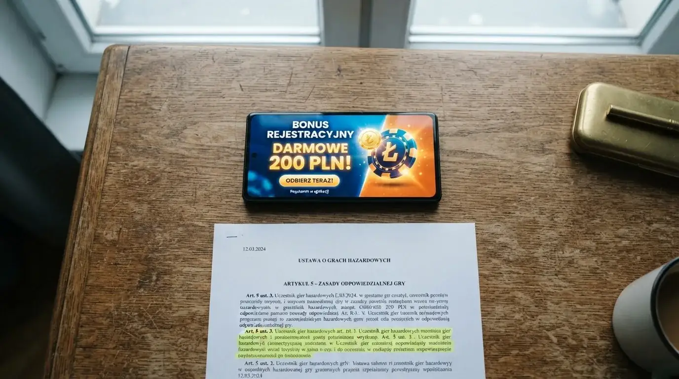 Telefon z banerem obiecującym darmowe złotówki za założenie konta, obok wydrukowany tekst ustawy o grach hazardowych z zaznaczonym artykułem