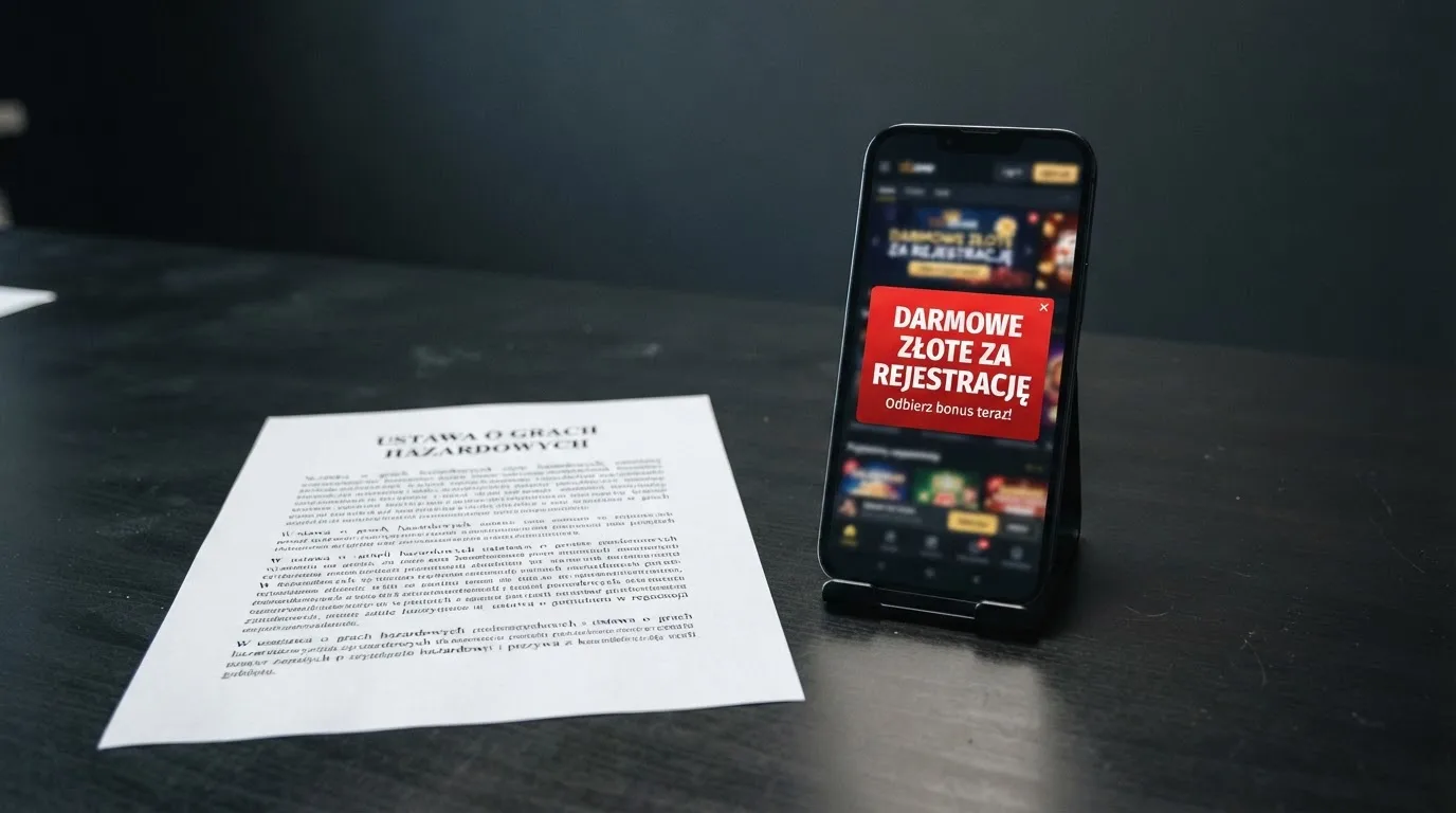Telefon z wyskakującym banerem obiecującym darmowe złotówki za rejestrację, obok wydruk ustawy o grach hazardowych