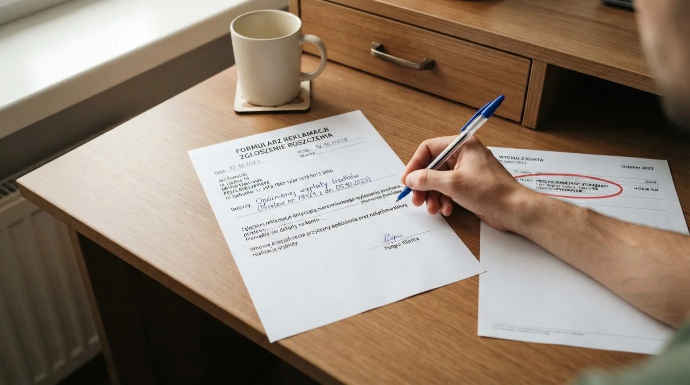 Wydrukowany formularz reklamacji leżący na biurku obok długopisu i wyciągu bankowego z zakreśloną pozycją