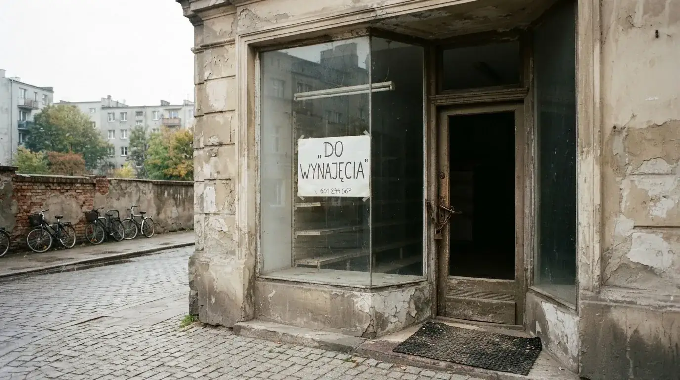 Pusty, zamknięty lokal handlowy z tabliczką „do wynajęcia”, symbolizujący brak działających salonów gry bingo pieniężne
