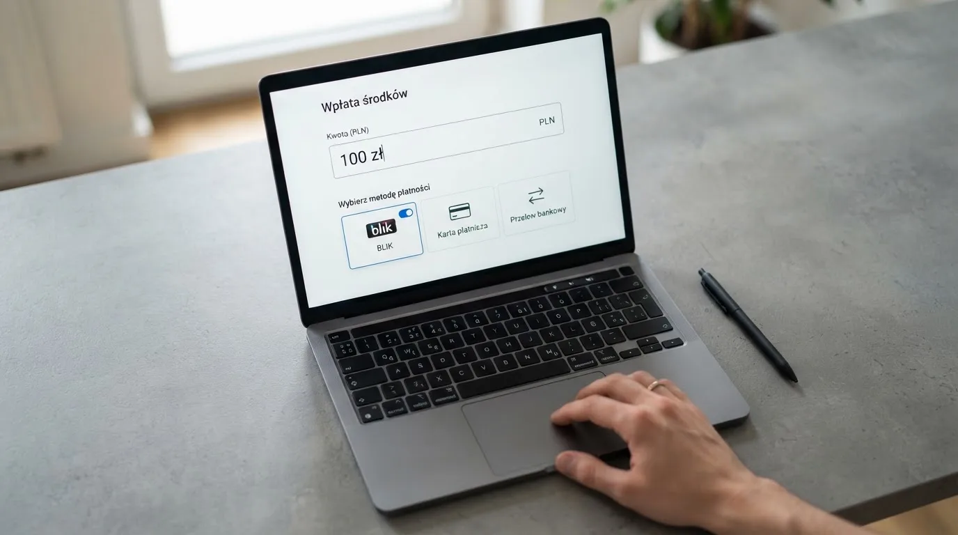 Laptop z oknem wpłaty na ePortfel, wpisana kwota 100 zł i lista metod: BLIK, karta płatnicza, szybki przelew