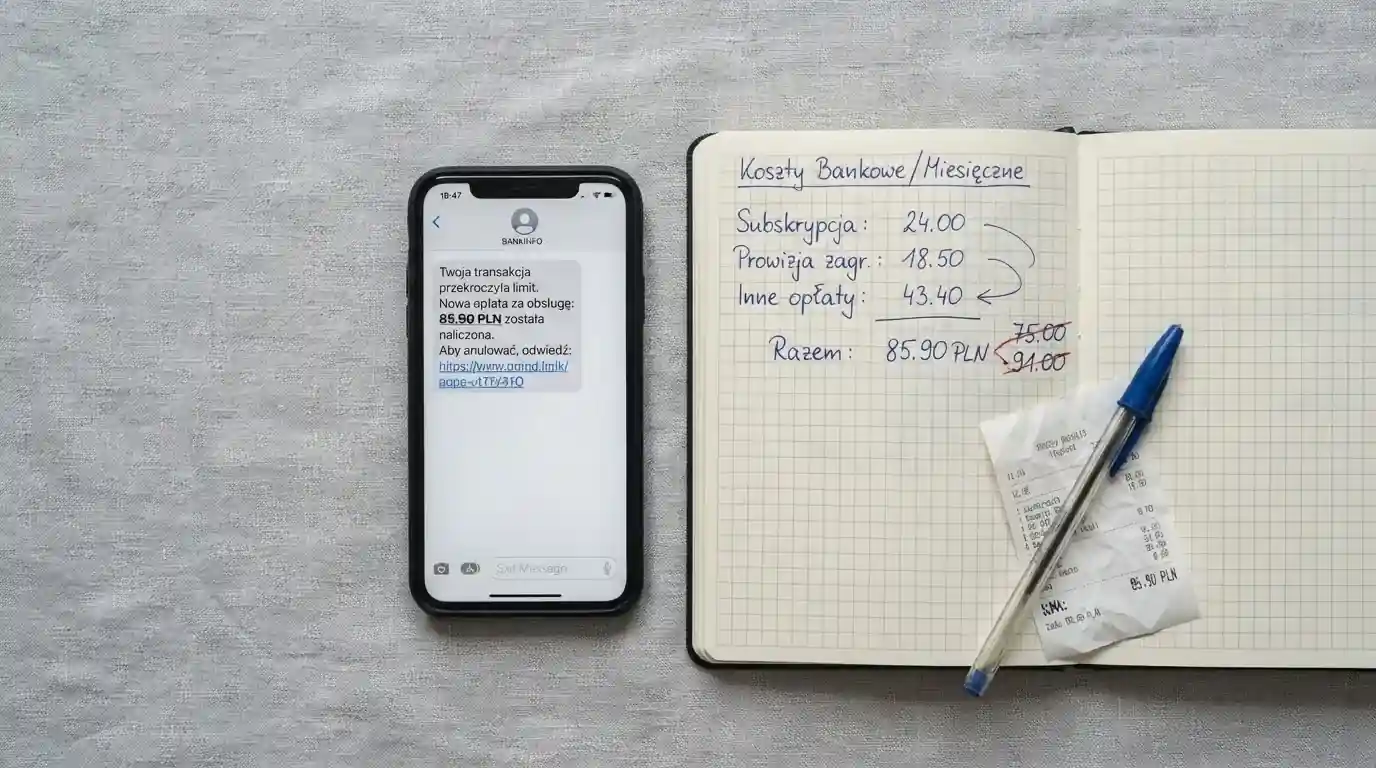 Ekran telefonu z wiadomością SMS obok kalkulatora liczącego opłaty
